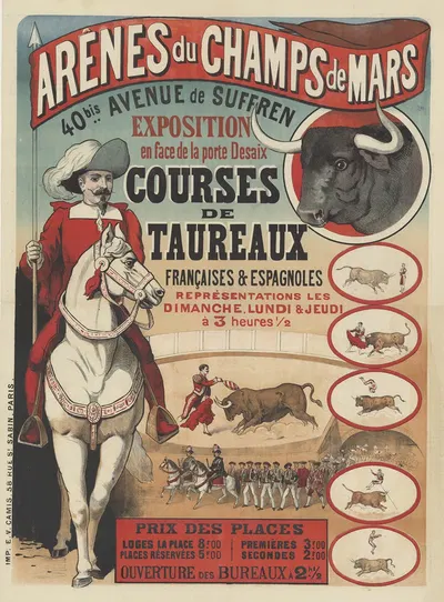 Arênes du Champs de Mars, 40 bis avenue de Suffren, Courses de taureaux by Imp. Camis, 1889 — digital art print download