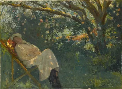 Дама в розовом на шезлонге by Назми Зия Гюран, 1904 — digital art print download