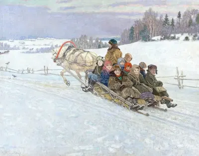 Lustige Schlittenfahrt im winterlichen Russland by Nikolai Bogdanov-Belsky — digital art print download