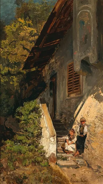 Дети перед фермерским домом, Клаузен, Южный Тироль by Роберт Русс, c. 1874 — digital art print download