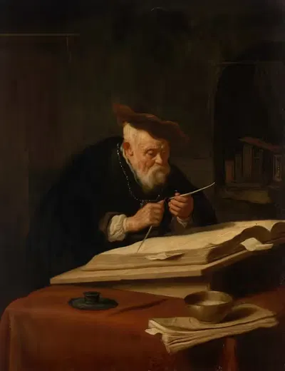 A scholar sharpening his quill by Salomon Koninck, 1639 — digital art print download