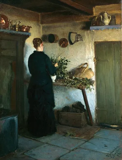 Интерьер кухни. Жена художника, arranging цветы by Вигго Йохансен, 1884 — digital art print download