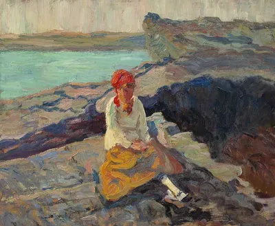 Woman in Red Scarf Near the Seashore by Walt Kuhn — digital art print download
