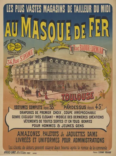 Les plus vastes magasins de tailleur du midi Au masque de fer by Imp. Camis, 1892 — digital art print download