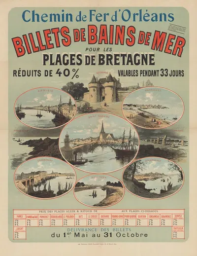 Chemin de Fer d'Orléans. Billets de Bains de Mer pour les plages de Bretagne by Imp. Chaix, 1888 — digital art print download