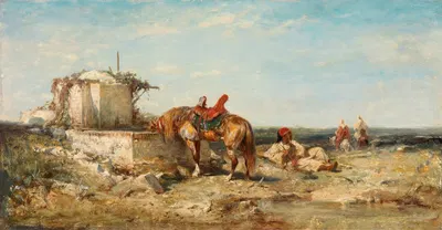 Восточные солдаты с лошадью, пьющей воду by Адольф Шрайер — digital art print download