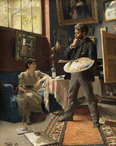 Автопортрет Ганса Темпла в студии с моделью by Ханс Темпл, 1882 — digital art print download