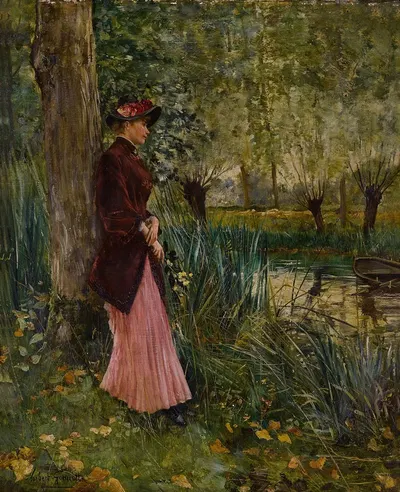 Nathalie Goeneutte, the Artist's Sister, on a Riverbank by Norbert Goeneutte — digital art print download