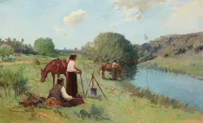 Маори на берегу реки by Фрэнк Райт, 1912 — digital art print download
