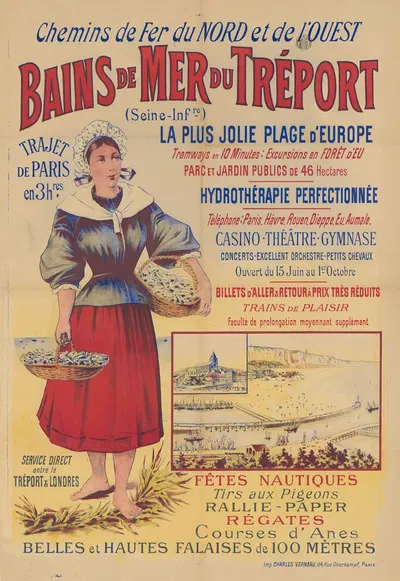 Chemins de Fer du Nord et de l'Ouest. Bains de mer du Tréport (Seine Inférieure) by Imp. Charles Verneau, 1895 — digital…