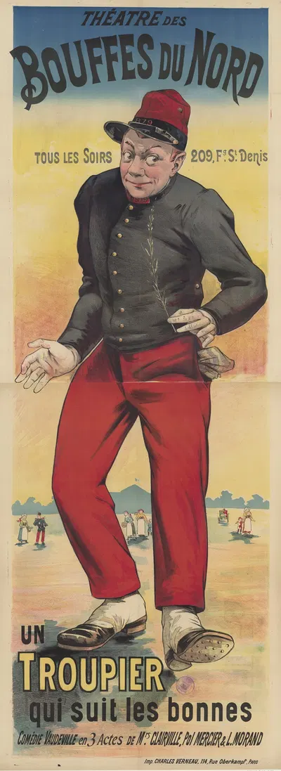 Théatre des Bouffes du Nord. Un troupier qui suit les bonnes by Imp. Charles Verneau, 1870 — digital art print download