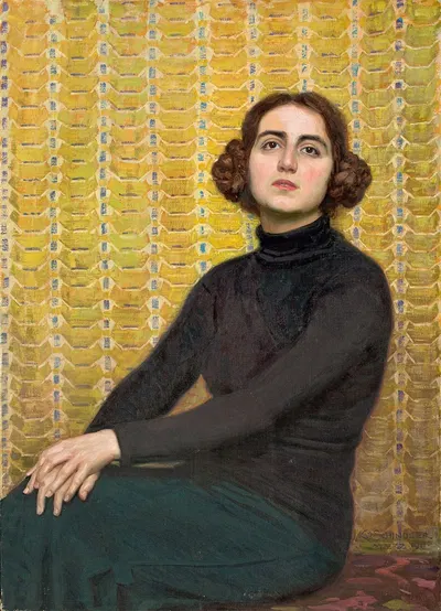 Female model with yellow background by Osmar Schindler, 1911 — digital art print download