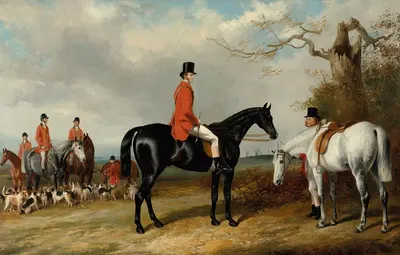 Граф Гранвиль, мастер королевских гончих (1847-1849), с графом Честерфилдом, мастером (1834-1836), и охотничьими слугами на…
