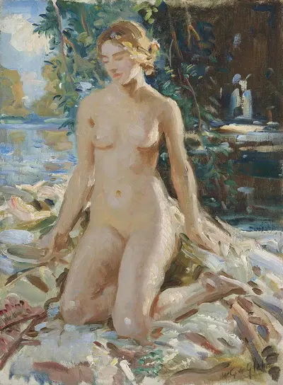 На коленях обнаженная женщина в пейзаже by Уилфрид Габриэль де Глен — digital art print download