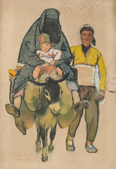 Turkish woman and child on a donkey by Evgeny Lanceray, 1922 — digital art print download