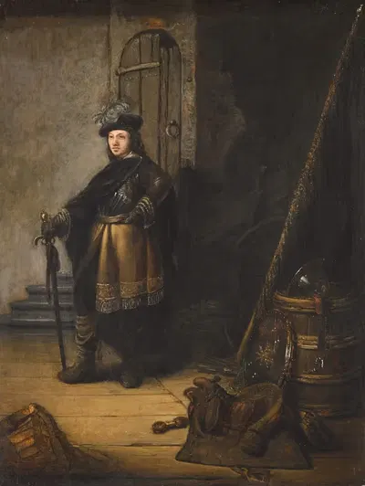 An officer standing in a guardroom before a doorway by Isaac de Jouderville — digital art print download