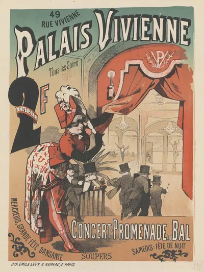 Palais Vivienne. Tous les soirs Concert Promenade et Bal by Имп. Эмиль Леви, 1885 — digital art print download