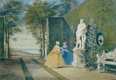 View of a Park with Two Young Ladies by a Statue of Hercules by Cornelis Troost — digital art print download