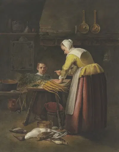 Frau und Kind in der Küche bei Karotten und Geflügel by Henricus Franciscus Wiertz — digital art print download