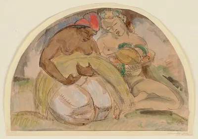 Два женских акта, слева связка соломы, справа чаша с фруктами в руке by Герман Лисманн, 1912 — digital art print download