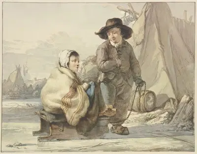 Mädchen auf einem Schlitten, daneben ein Junge, in einem Lager by Jacob van Strij — digital art print download