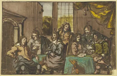 Sieben Herren in einem Zimmer um einen grünen Tisch sitzend, mit Papieren beschäftigt, dabei ein Hund by Jan Van Mieris —…