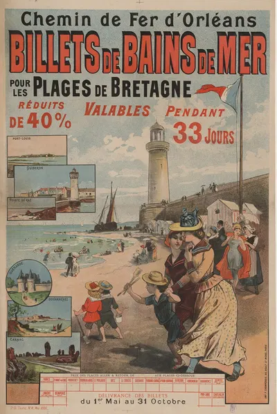 Chemin de fer d'Orléans. Billets de Bains de Mer pour les plages de Bretagne. Port-Louis, Quiberon, Pointe du Raz by Имп.…