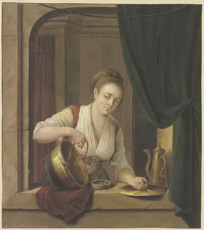 Eine Köchin scheuert Geschirr am Fenster by Pieter Recco — digital art print download