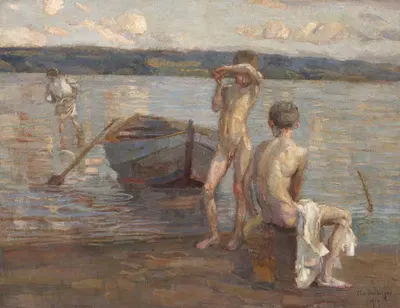 Купающиеся мальчики на берегу озера by Кристиан Ланденбергер, 1909 — digital art print download