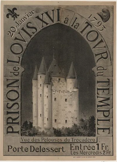 Prison de Louis XVI à la tour du temple. Porte Delessert, vue des pelouses du Trocadéro by Imp. F. Hermet, 1890 — digital…