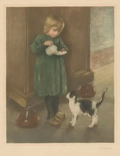 Девушка кормит кота by Генрих М. Краббе, 1878 - 1931 — digital art print download