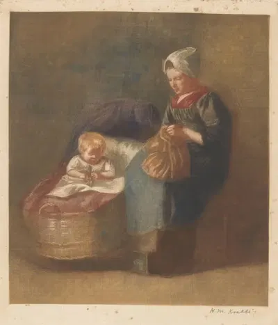 Ремесленная женщина рядом с ребенком в колыбели by Генрих М. Краббе, 1878 - 1931 — digital art print download