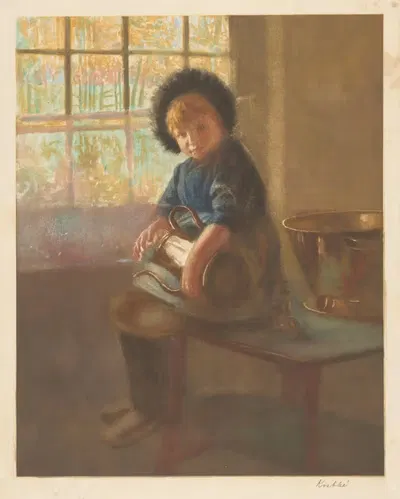 Девушка, которая чистит медный кувшин by Генрих М. Краббе, 1878 - 1931 — digital art print download