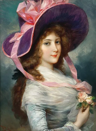 Portrait of a Lady with a Purple Hat and Roses by Lucius Rossi — digital art print download