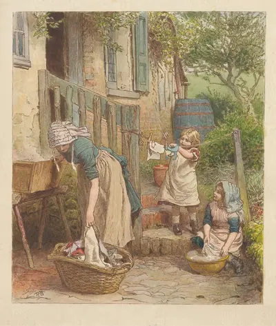 Женщина, стирающая белье с двумя девочками by Роберт Барнс — digital art print download