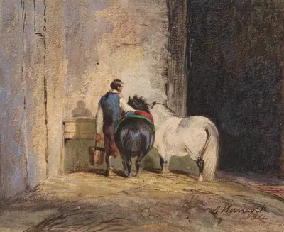 Два шетландских пони с конюхом by Чарльз Хэнкок, 1834 — digital art print download