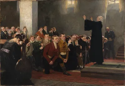 Einsegnung von Lützows Schwarzen Freiwilligen in der Kirche zu Rogau bei Zobten in Schlesien im Jahre 1813 by Arthur Kampf,…