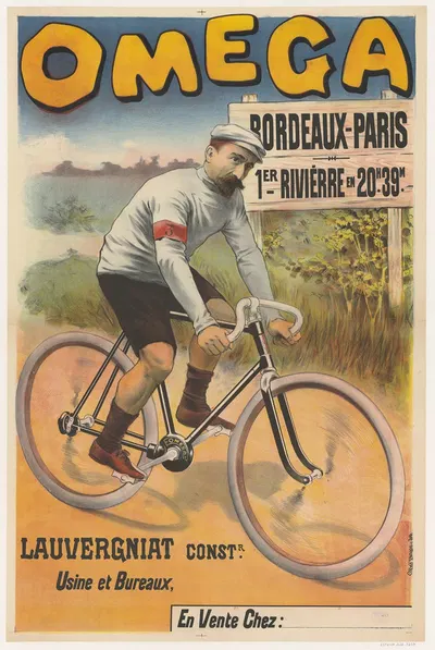 Omega. Bordeaux-Paris, 1er Rivièrre en 20h.39m. Lauvergniat constructeur by Имп. Поль Дюпон, 1898 — digital art print…