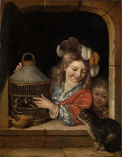 Дети с клеткой для птиц и кошкой by Эглон ван дер Нер, 1675-1679 — digital art print download