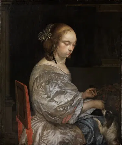 Молодая леди с щенком by Эглон ван дер Нер, 1665-1670 — digital art print download