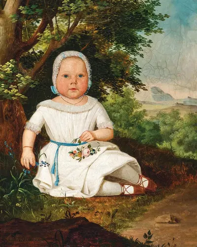 Девушка в белом платье с капором на фоне пейзажа by Франц Русс старший, 1840 — digital art print download