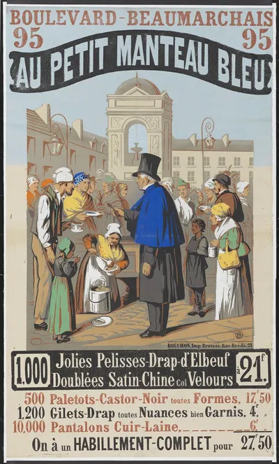 Boulevard Beaumarchais 95, Au Petit Manteau bleu. 1000 jolies pelisses drap d'Elbeuf. à 21 F by Imp. Rouchon, 1850 —…