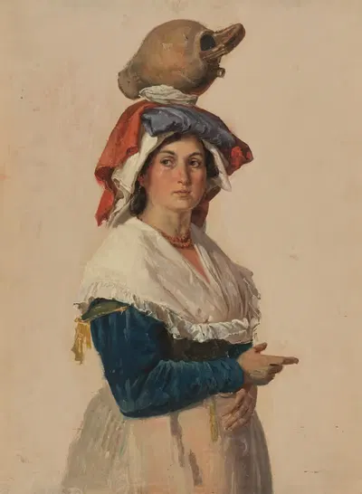 Полуфигура молодой итальянки в наряде, несущей кувшин на голове by Иоганн Баптист Кирнер — digital art print download