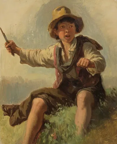 Итальянский мальчик, сидящий на сене by Иоганн Баптист Кирнер, 1832-1867 — digital art print download