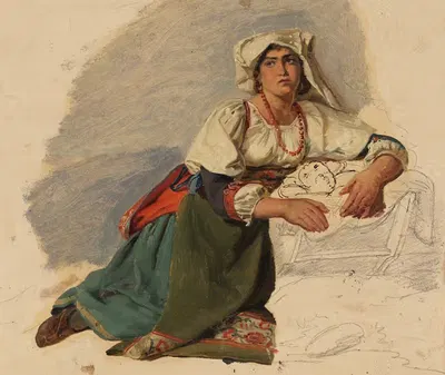 Коленопреклонённая итальянка, наклонившаяся над ребёнком by Иоганн Баптист Кирнер, 1832-1834 — digital art print download
