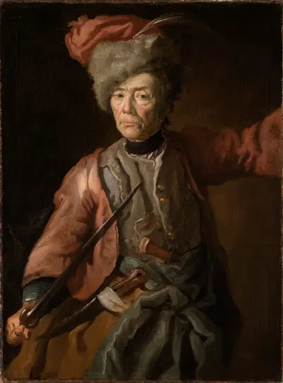 Bildnis einer älteren Frau in Husarenuniform by Johann Georg Dathan — digital art print download