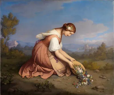 Девочка на коленях, высыпающая корзину цветов by Мари Элленридер, 1841 — digital art print download