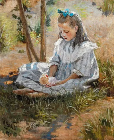 A Young Girl Playing with a Doll by Vasily Vasilyevich Konovalov, 1907 — digital art print download