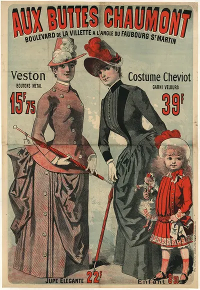 Aux Buttes Chaumont. Veston boutons métal 15f.75 – Costume cheviot garni velours by Жюль Шере, 1886 — digital art print…