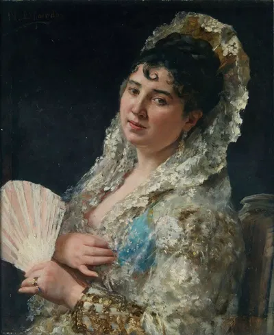 A portrait of a Spanish lady with a fan by Eduardo Leon Garrido — digital art print download